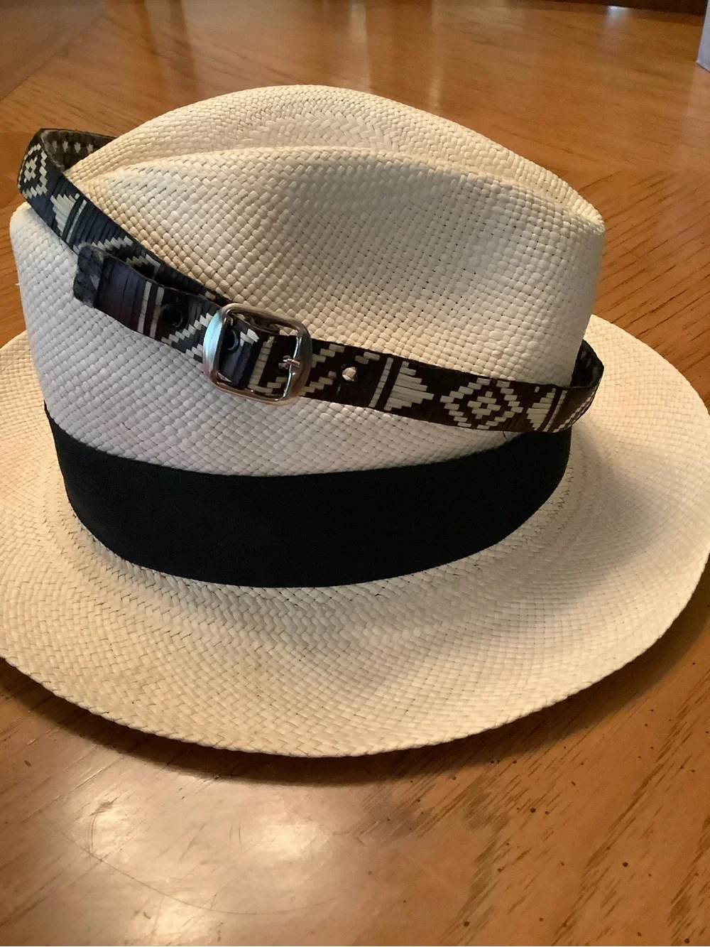 Men's Cream Straw Fedora with Black Band and Patterned Strap Band XXL